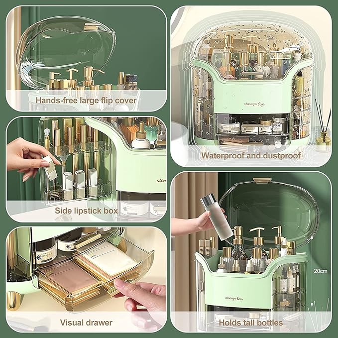 Portable Light Luxury Series Multi-Function Make Up Case Dustproof Cosmetic Storage Box,Cosmetics Skin Care Products Jewelry Organizer Case Lipstick Box - Green