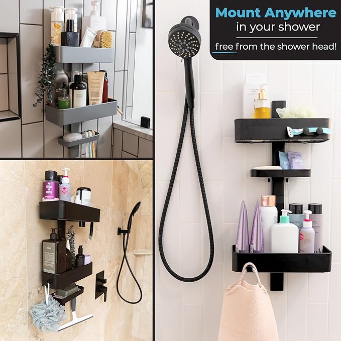 ShowerSMART Rust Resistant Shower Caddy, Wall Mount Shower Storage & Rack with Adjustable Shelves, Easy Clean Trays & Magnetic Hooks for Bathroom Remodel Upgrades, Black