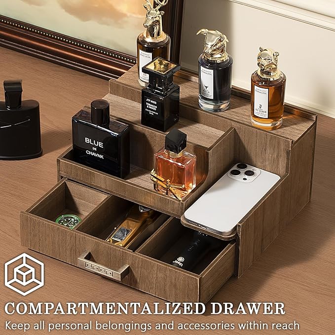 Cologne Organizer for Men, 3 Tier Perfume Display Stand with Drawer and Hidden Compartments, Stylish Wooden Mens Cologne Holder for Dresser Storage, Great Gift for Men/Fathers, Brown