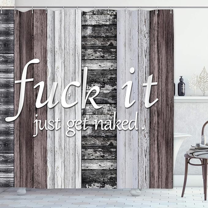 ArtSocket 4PC Funny Get Naked Farmhouse Rustic Grey Brown Striped Shower Curtain Sets Bathroom Decor with Rugs, Non-Slip Rug,Toilet Lid Cover, Bath Mat and 12 Hooks 72x72 inches