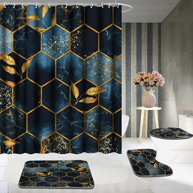 Poedist 4 Pcs Bathroom Shower Curtain Set,Bathroom Sets with Rugs(Bath Mat,U Shape and Toilet Lid Cover Mat) and 12 Hooks,Black and Blue Honeycomb Marble