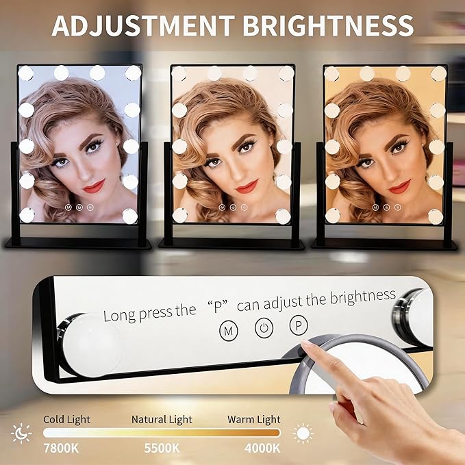 Makeup Vanity Mirror with Lights LED Makeup Mirror Detachable 10X Magnification, Hollywood Make Up Mirror with Lighting, Smart Touch, Rechargeable,360° Rotation, Black 17.12"x13.77"