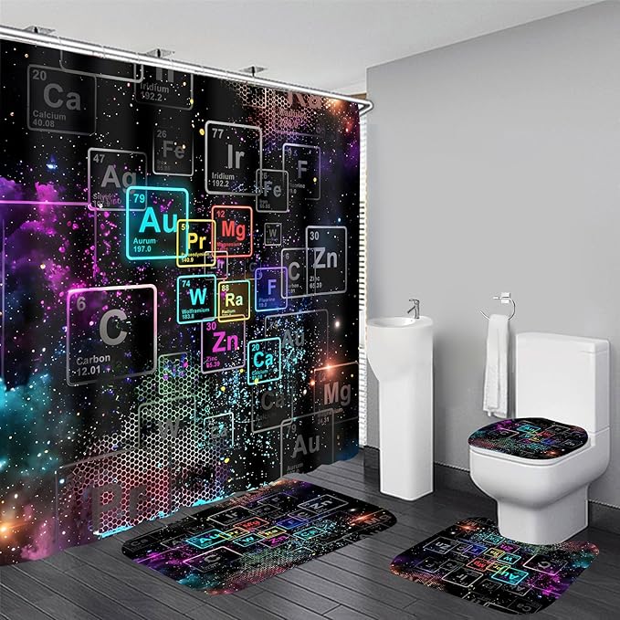 Yizheer 4Pcs Black Starry Sky Grid Bathroom Shower Curtain Set with 12 Hooks Bath Mat Toilet Cover U Shaped Mat- PEVA Material, 72x72 Inches, Bathroom Curtain for Bathtub (Elements)