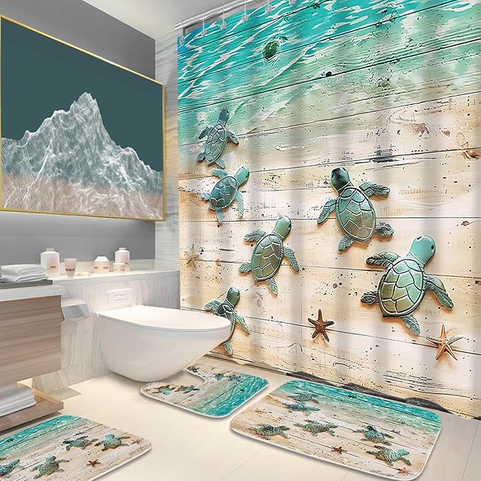 Beach Sea Turtle Nautical Bathroom Sets with Ocean Coastal Shower Curtain and 20 x 31 Rugs Bathroom Accessories Sets Decor with Bath Rug, Bath Mat, U-Shaped Contour and Hooks 72 x 72 Inch Green