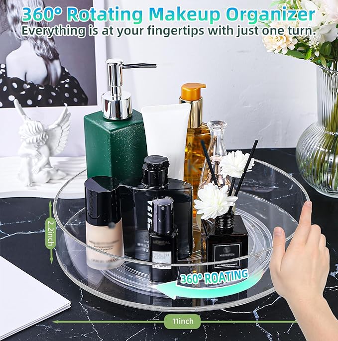 Makeup Organizer Countertop, Makeup Organization for Vanity，360°Rotating Makeup Organizer, Perfume Organizer, Skincare Organizers, Bathroom Counter Organizer, 11 inch Acrylic Clear Rotating Organizer
