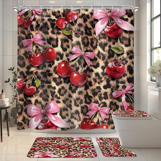 LIGHTINHOME 4 PCS Bow Cherry Leopard Shower Curtain Set 72Wx72H,Toilet Lid Cover,Non-Slip Rugs and U-Shaped Mat,Wildlife Cheetah Bathroom Sets with Rugs Shower Accessories 12 Hooks for Bathroom Decor