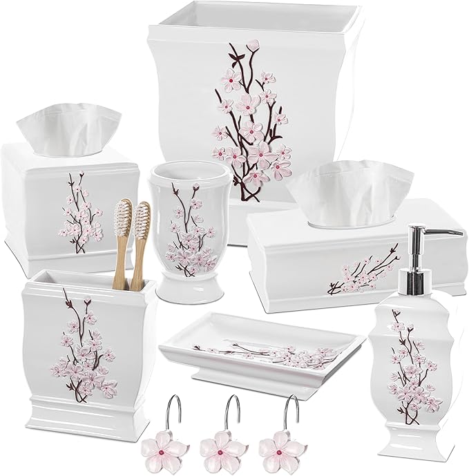 Creative Scents Vanda Cherry Blossom Shower Curtain Hooks Decorative Set of 12 Flower Shower Curtain Rings for Curtain - White and Pink Shower Hooks Bathroom Accessories Decor