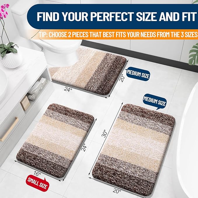 OLANLY Bathroom Rug Set 2 Piece, Soft Absorbent Microfiber Bath Mats and U-Shaped Contour Toilet Rug, Non-Slip, Machine Wash Dry, Plush Shaggy Bath Mats for Bathroom (30"x20"+24"x20", Brown)