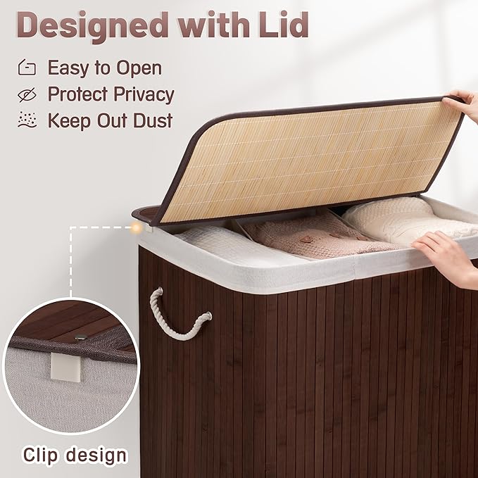 Aliphon 150L Laundry Hamper with lid, 3-Section Clothes Laundry Basket with Handles, Large Collapsible Bamboo Baskets for Bedroom, Bathroom, Dorm, Brown