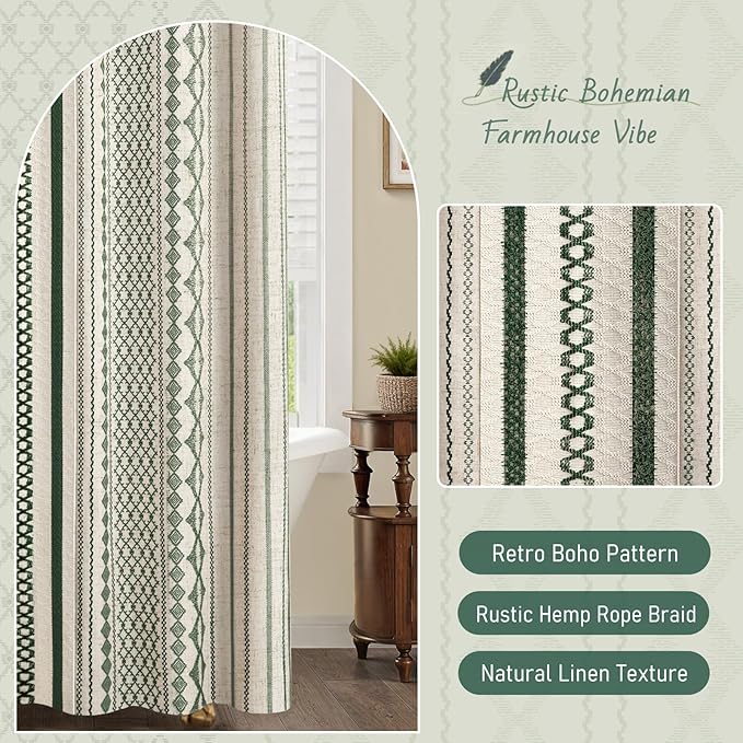 Dark Green Boho Shower Curtain for Bathroom, Linen Striped Print and Twine-Inspired Woven Center,72" W x 72" L