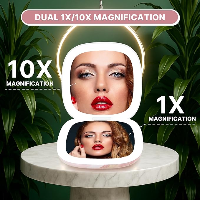 Lighted Makeup Compact Mirror, 3.9 Inch – 1x/10x Magnification Portable, LED – Auto Light On/Off - USB Charging, (Blush Marble)