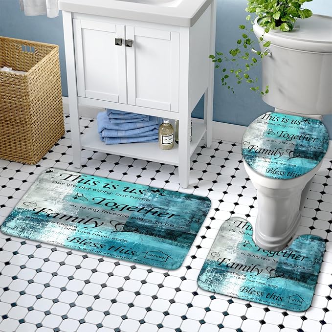 Lnond 4Pcs Bathroom Shower Curtain Sets with Rugs, Turquoise Motivational Home Family Bathroom Sets with Shower Curtain and Rugs and Accessories