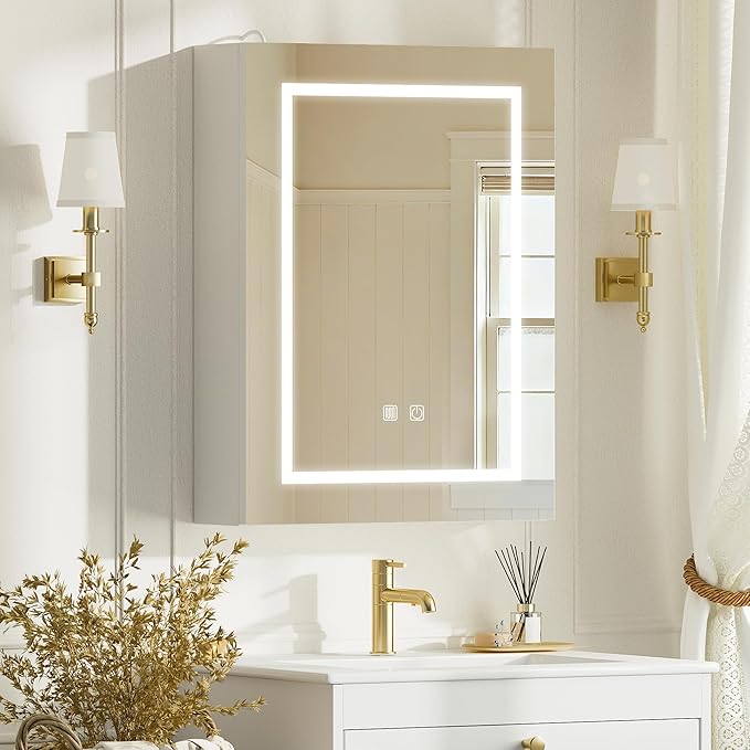 18x24 Inch Lighted Medicine Cabinet with Mirror,LED Bathroom Mirror Cabinet with Lights Wall Mounted,Illuminated Mirror Cabinet, Adjustable Brightness, 3 Color Lighting, Anti-Fog