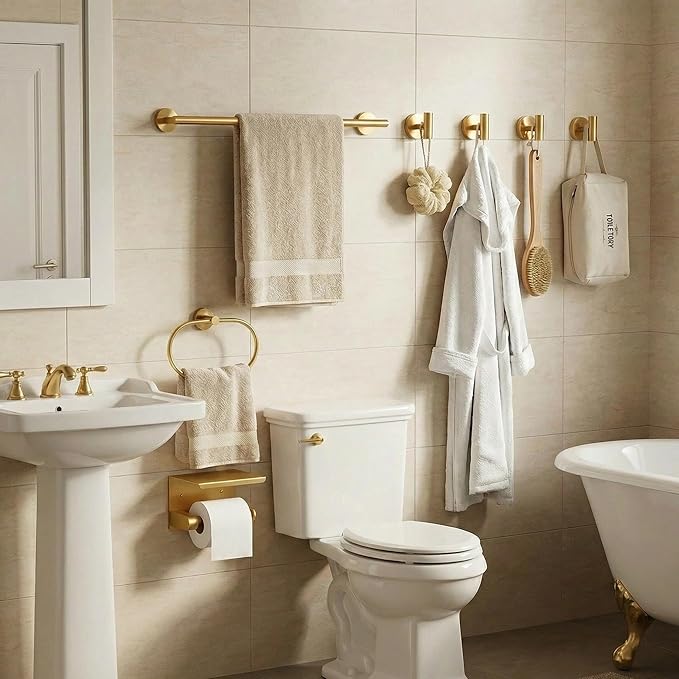 7-Piece Bathroom Hardware Accessories Set SUS304 Stainless Steel Towel Bar Set Wall Mounted 25.9-Inch Towel Rack, Towel Ring, Toilet Paper Holder with Shelf & 4 Hooks, Golden