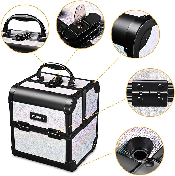 BYOOTIQUE Makeup Trolley with Mirror Travel Cosmetic Case 2-Tier Trays Lockable Nail kit Organizer for Nail Bar Beauty Salon Manicurist Hairstylist,Pure ForgetMeNot