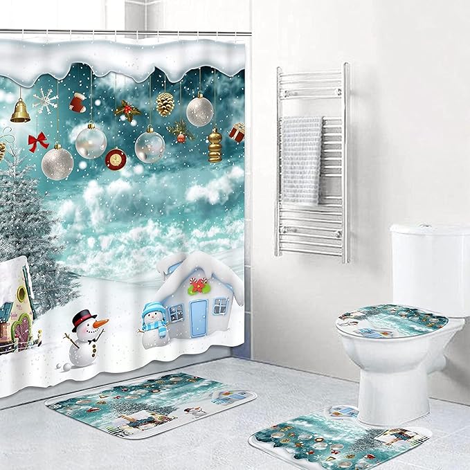 Yizheer Merry Christmas 4Pcs Winter Maple Shower Curtain Sets with Non-Slip Rugs, Toilet Lid Cover and Bath Mat, Haunted House Waterproof Bathroom Home Decor Set
