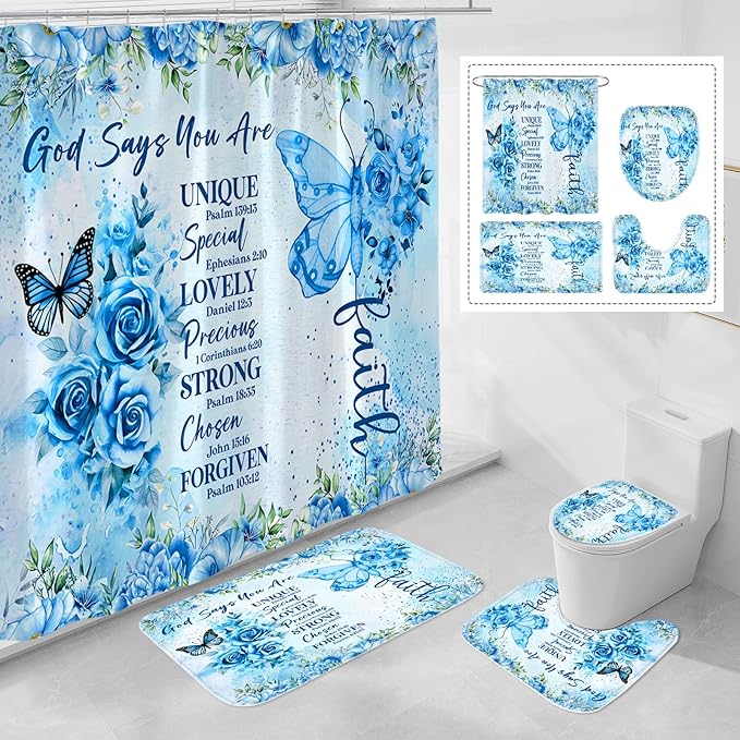Litabel 4 Pcs Blue Butterfly Inspirational Quotes Shower Curtain Set with Rugs and Toilet Lid Cover, Colorful Boho Waterproof Fabric Bathroom Set, Bible Verse Floral Bathroom Decor Set Accessories