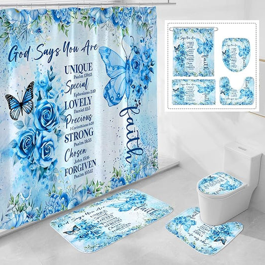 Litabel 4 Pcs Blue Butterfly Inspirational Quotes Shower Curtain Set with Rugs and Toilet Lid Cover, Colorful Boho Waterproof Fabric Bathroom Set, Bible Verse Floral Bathroom Decor Set Accessories