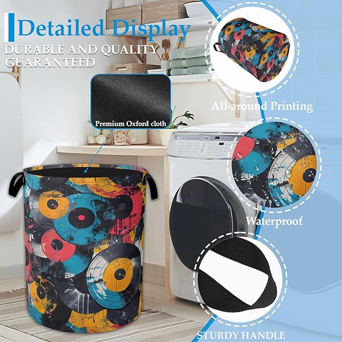 Music Graffiti Laundry Hamper Disc Collapsible Laundry Basket Clothes Toy Storage Bin for Bathroom Bedroom Room Decor 16 X 20.8 Inch