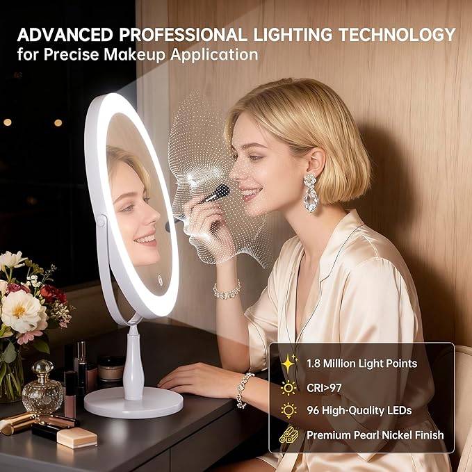 Professional 8" Large Lighted Makeup Mirror with Brighter Lights, 1X/10X True HD Magnifying Mirror with 3 Color Dimmable Lights, 92 Shadowless LEDs, 360°Swivel Seamless Vanity Mirror, White