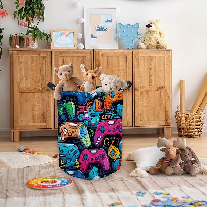 Gaming Gamer Laundry Basket, Colorful Game Controller Waterproof Collapsible Laundry Hamper Dirty Clothes Storage Toy Bin Organizer for Boys Kids Room Bedroom College Dorm Bathroom