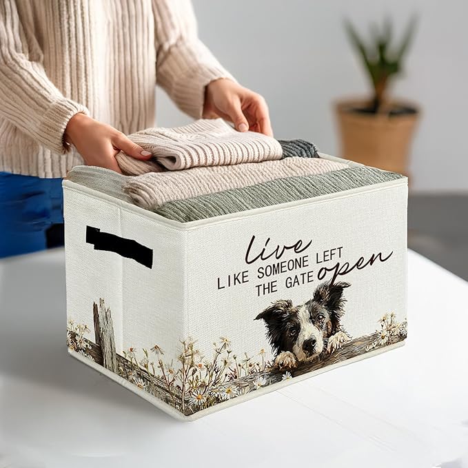 Border Collie Gifts Storage Bins with Handles, Rustic Farmhouse Dog Foldable Basket for Organizing, Live Like Someone Left the Gate Open Collapsible Storage Basket for Bedroom Bathroom