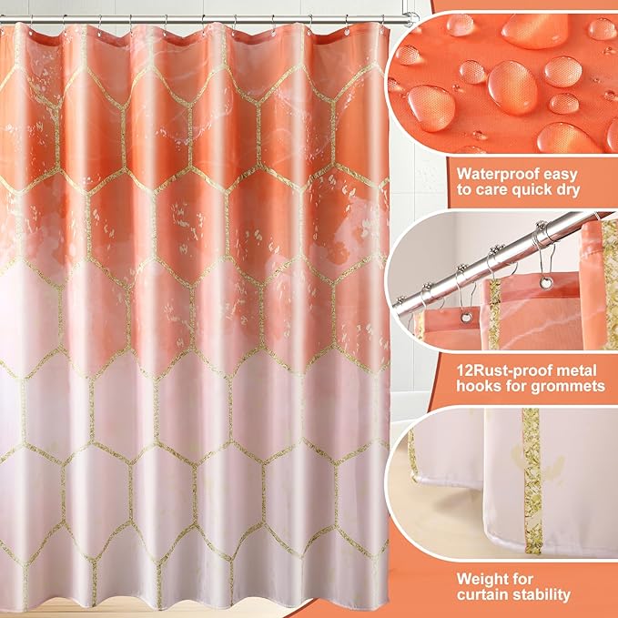 25 Pieces Bathroom Set Orange and Gold Bathroom Accessories Set, Shower Curtain and Rugs, Trash Can, Toilet Brush, Soap Dispenser, Soap Dish, Toothbrush Holder, Tumbler, Tray, Qtip Holder