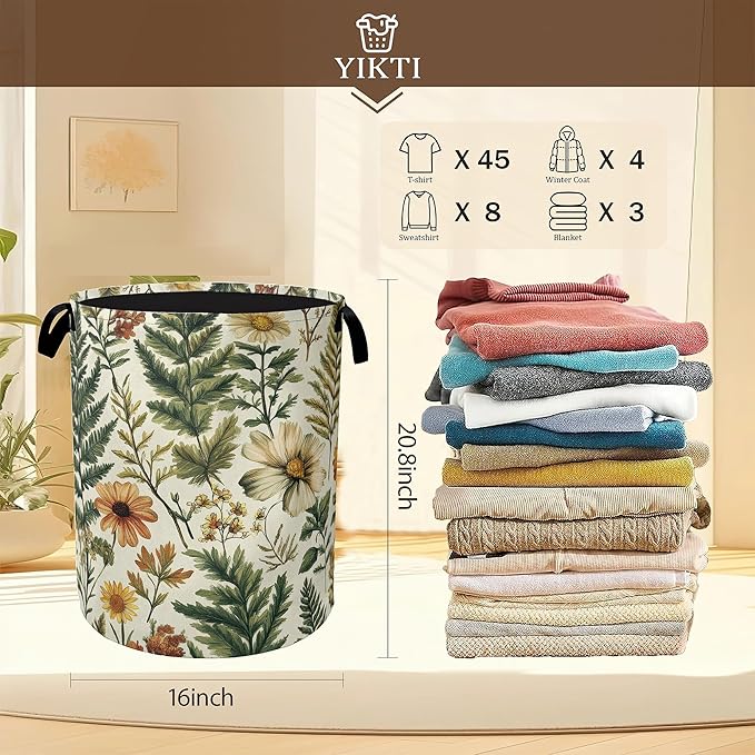 Laundry Hamper,Green Herb Leaf Laundry Basket,Farmhouse Wildflower Portable Collapsible Laundry Room Organization Storage for Dorm Room,Nursery,Bathroom,Bedroom,16x20 Inch