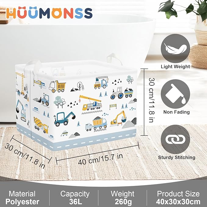 Cars Laundry Hamper Cartoon Vehicle Large Storage Basket Collapsible Parents Organizer Boy Toy Clothes Bins for Bedroom, Bathroom, Crane, 36L