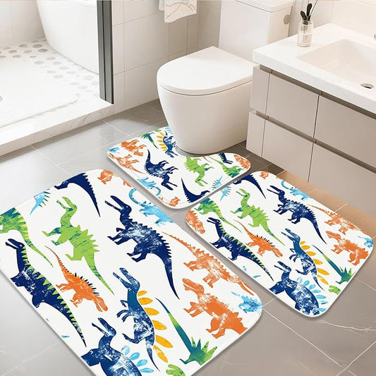 Colorful Cartoon Jurassic Dinosaur Bathroom Rugs Bath Mats Sets 3 Piece, Imitation Cashmere Kids Dino Bath Mat, Memory Foam U-Shaped Contour Shower Mat Non Slip Absorbent, Velvet Washable 20 x 31 inch