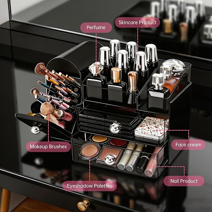 Makeup Organizer with Brush Holder, Large Cosmetic Storage, Skincare Organizer for Bathroom Countertop, Vanity Organizer for Lipstick, Perfume, Nail Polish, Mothers Day Gifts for Women(Black)