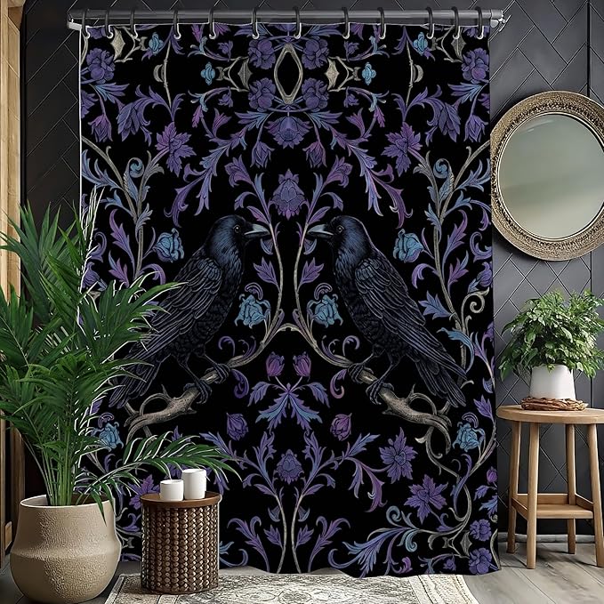 Gothic Black and Purple Crow Shower Curtain,Witchy Raven and Flower Shower Curtains Waterproof Polyester,Funny Dark Academia Floral Bathroom Decor Accessories,72x72 in