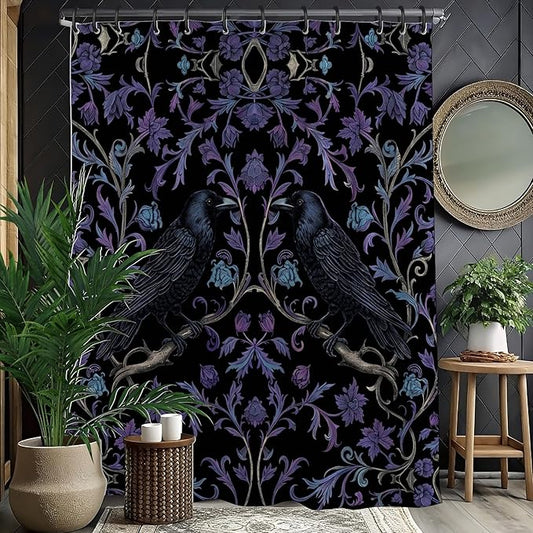 Gothic Black and Purple Crow Shower Curtain,Witchy Raven and Flower Shower Curtains Waterproof Polyester,Funny Dark Academia Floral Bathroom Decor Accessories,72x72 in