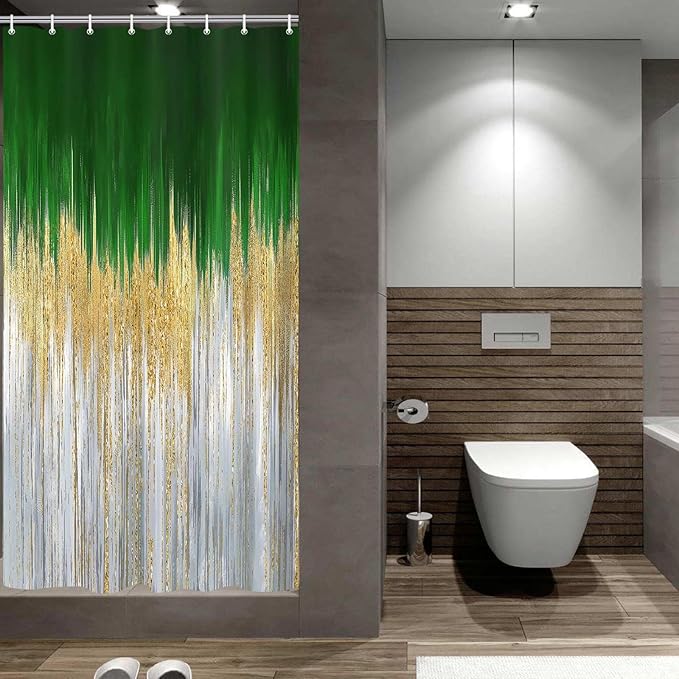 JAWO Abstract Green Shower Curtain, Lake Blue Boho Ombre Minimalist Chic Art Shower Curtains, Modern Neutral Contemporary Striped Brush Strokes Tan Art Waterproof Bathroom Curtain with 12 Hooks