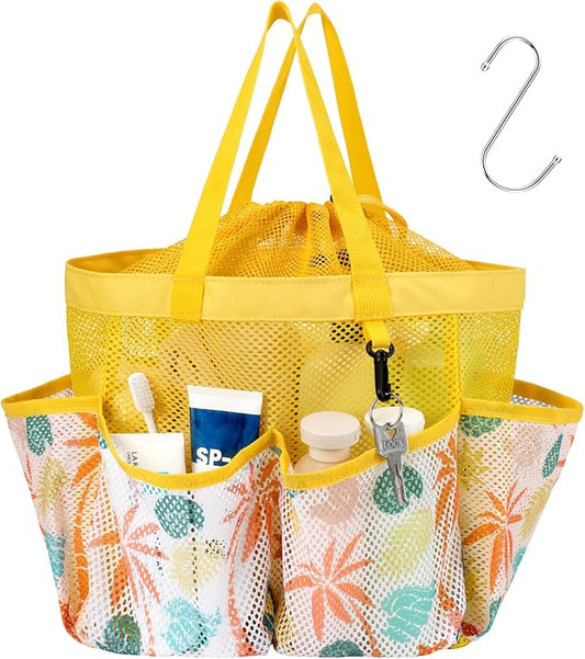 F-color Mesh Shower Caddy Portable with Drawstring - Large 8 Pockets Dorm Room Essentials for Guys Girls with S Hook, Shower Bag Basket Tote for College Camping Gym Travel Bathroom, Yellow Beach