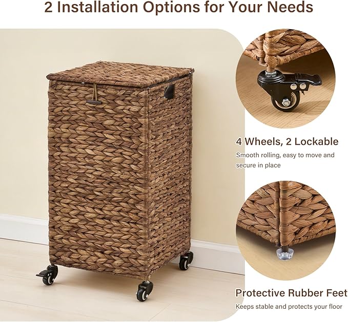 Hand-Woven Laundry Basket with Wheels, Natural Water Hyacinth Laundry Hamper with Lid, Removable & Machine-Washable Liner,Clothes Hamper for Bathroom and Laundry Room(65L,Espresso)
