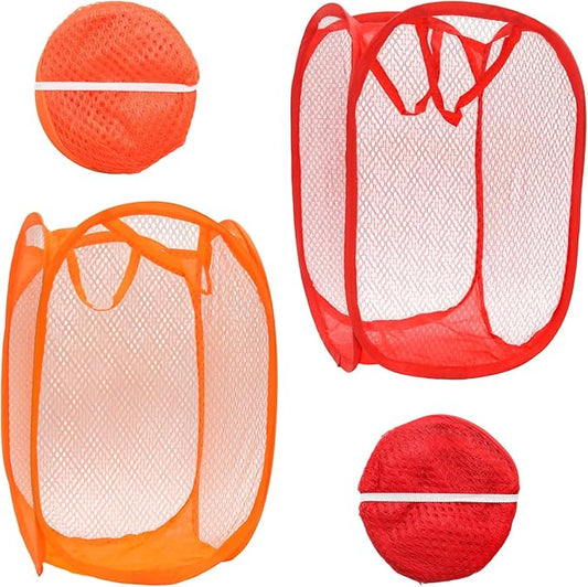 2Pcs Popup Mesh Laundry Baskets, Collapsible and Portable Laundry Hamper, Ideal for Travel and Home Use (Red & Orange)