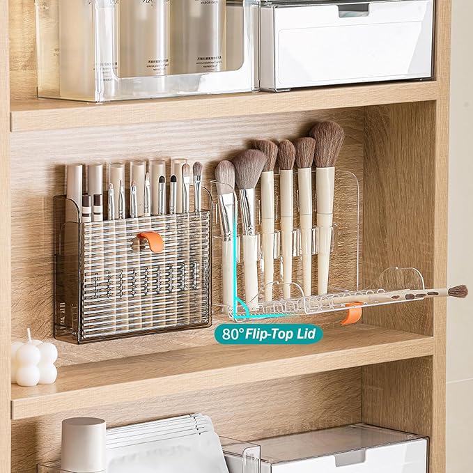 MORNITE Wall-Mounted Makeup Eyeliner Lip Liner Organizer Holder, 16-Slot Cabinet Storage for Brush, Makeup Pencils, Concealer Pencil Display Case for Vanity Bathroom, Clear