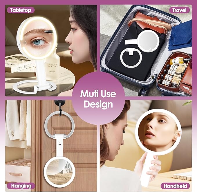 20x Magnifying Mirror with Light, Travel Mirror with Light, Lighted Makeup Mirrors with Magnification, Hand Held Mirrors with Handle, Portable Tabletop, Suitable for Bathroom