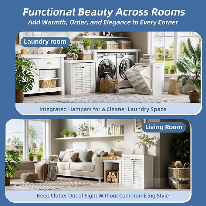 HITNET Tilt Out Laundry Hamper Cabinet, Bathroom Laundry Cabinet with 20 Gallon Clothes Basket, Space Saving Freestanding Bamboo Storage Organizer for Towels and Toys, White