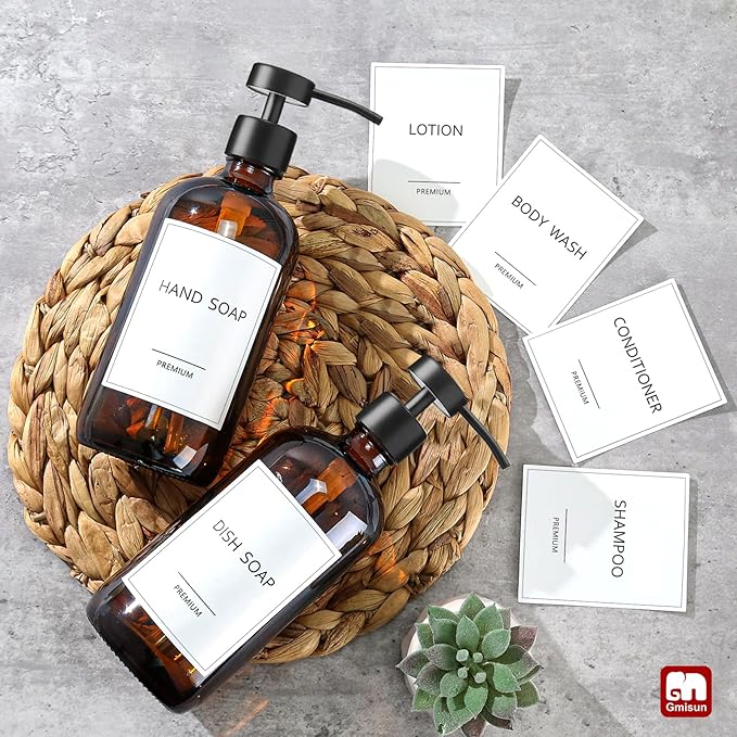 GMISUN Amber Glass Soap Dispenser, 6 Pack Bathroom Hand Soap Dispensers with Stainless Steel Pump, 17 Fl Oz Kitchen Hand and Dish Soap Dispenser Set, Modern Vintage Liquid Brown Soap Dispensers Bottle