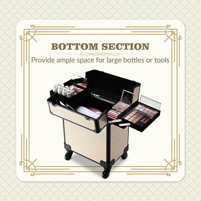 BYOOTIQUE Rolling Makeup Train Case on Wheels Cosmetic Trolley Art Deco Pastel