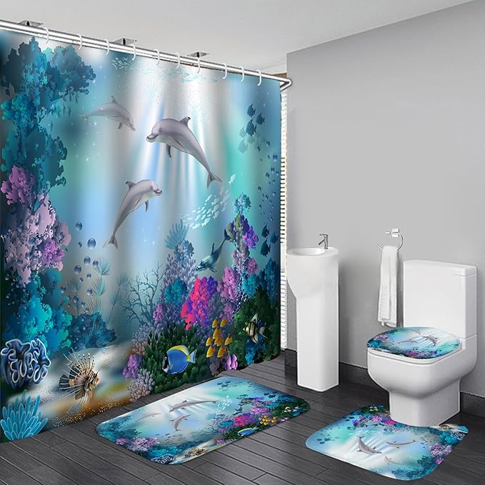 Ocean Dolphin Shower Curtain Set with 12 Hooks, Underwater World Themed Bathroom Decor, Water Resistant Fabric Bath Curtain 4 Piece Set