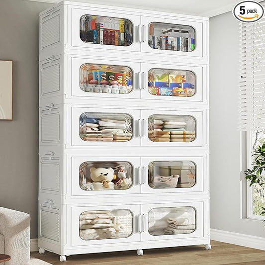 250Gal Extra Large Stackable Storage Bins with Lid & Wheels & Doors, 200QT/50GAL 5-Tiers Collapsible Closet Organizers Plastic Containers Drawers Boxes for Home Kitchen Bedroom, White