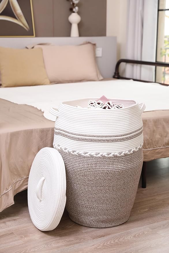 26"x20" Handcrafted Tall Cotton Rope Basket with Lid, Stylish Flagon Shape with Cover, Clothes Hamper with Top, for Bedroom and Living Room, White/Deep Camel White Mix