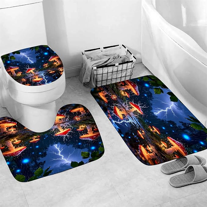 4 Piece Fantasy Red Mushroom Shower Curtain Set with Rugs, Enchanted Forest Rain & Lightning Art, Vibrant Blue Glow & Nature Bathroom Decor, Waterproof Fabric, Non-Slip Bath Mats & Toilet Lid Cover