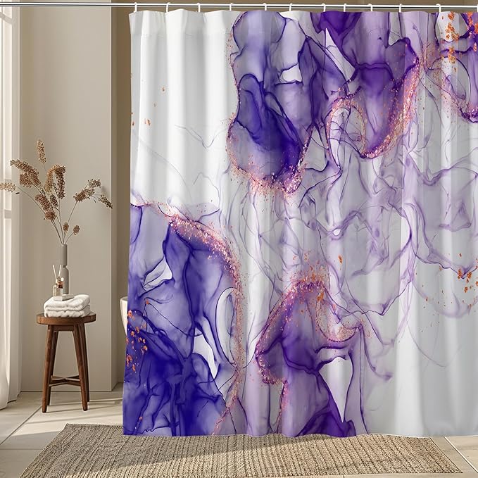 Purple Shower Curtain Marble Abstract White Ink Art Painting Modern Lavender Fabric Shower Curtains for Bathroom Decor 72x72 Inch