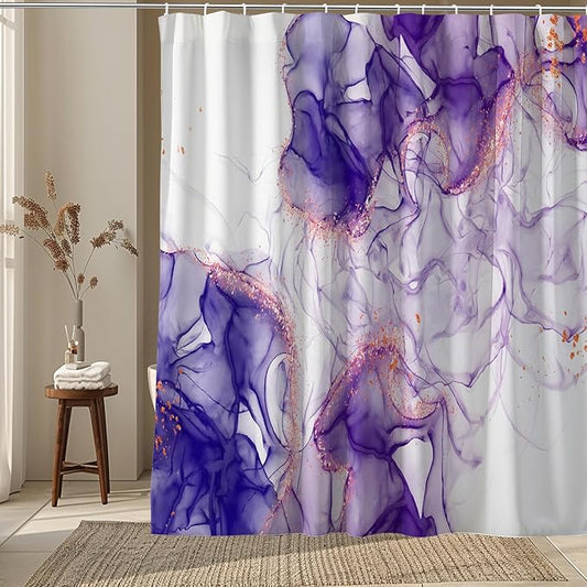 Purple Shower Curtain Marble Abstract White Ink Art Painting Modern Lavender Fabric Shower Curtains for Bathroom Decor 72x72 Inch
