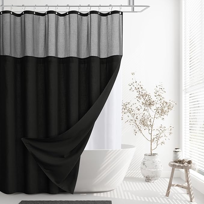 Naturoom Black Shower Curtain 78 inches Long Tall Linen Shower Curtain and Liner Heavy Duty Textured Burlap Cloth Double Bath Curtains with Top Sheer Window Country Style Man Bathroom Decor 72x78