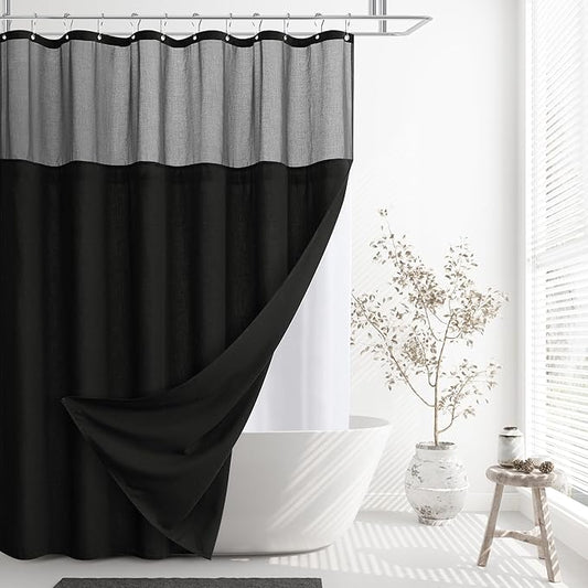 Naturoom Black Shower Curtain 78 inches Long Tall Linen Shower Curtain and Liner Heavy Duty Textured Burlap Cloth Double Bath Curtains with Top Sheer Window Country Style Man Bathroom Decor 72x78